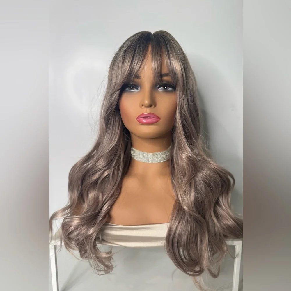 Long Wavy Ash Brown Balayage Silver lilac Wig – Curtain Bangs, Classic